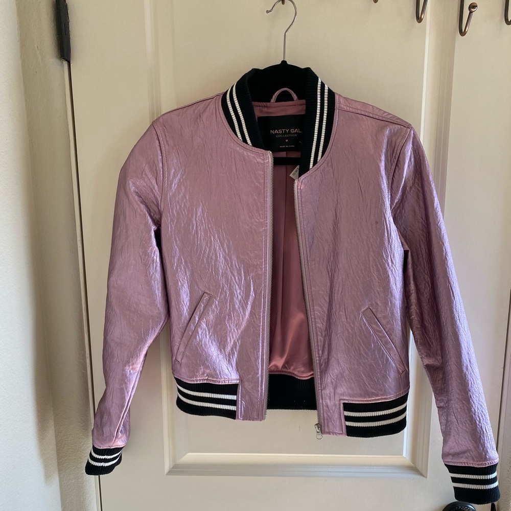Nasty Gal Metallic Pink Retro Bomber Jacket